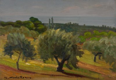 Olive Trees — Oil painting, Fiberboard, 35.00×50.00cm — Theodoros Markellos